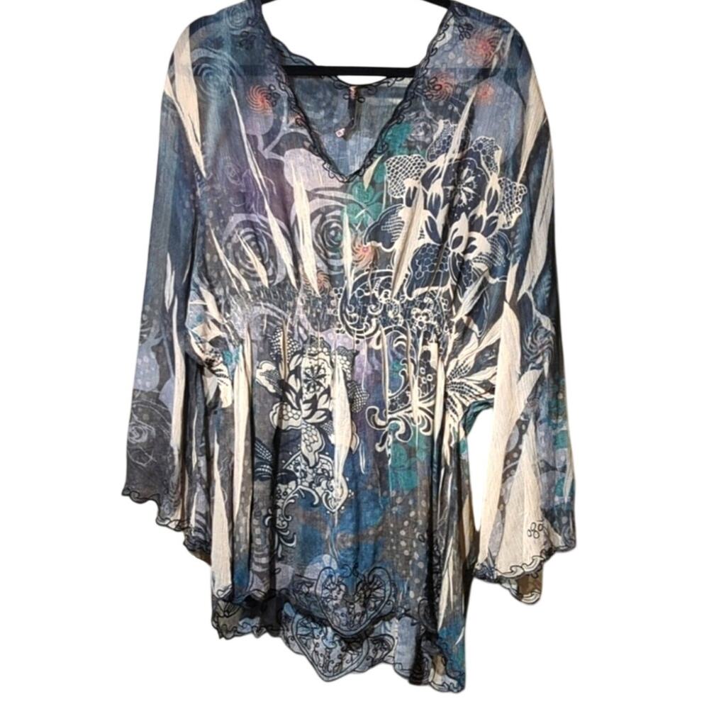 Teal Gray Gauzy Flowy V-Neck Embroidered Stretch Waist Tunic Top Women's Size 3X